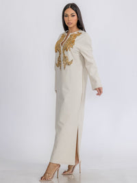 WOMEN'S LONG SLEEVE V-NECK SEQUINS DETAILED TUNIC MAXI DRESS