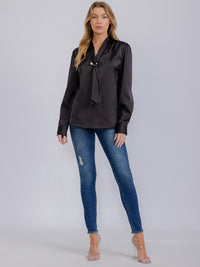 WOMEN'S LONG SLEEVE V-NECK SCARF DETAILED BLOUSE
