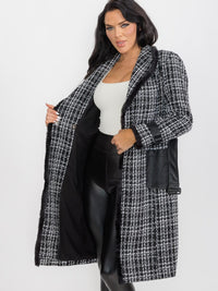 WOMEN'S LONG SLEEVE BUTTON CLOSURE FRONT POCKETS PLAID TWEED COAT