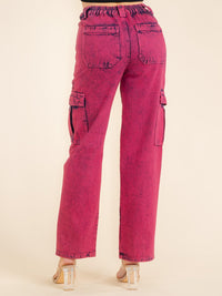 WOMEN'S BUTTON CLOSURE POCKETS WASHED WIDE LEG DENIM PANTS