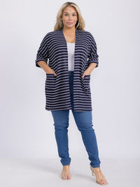 PLUS SIZE SHORT SLEEVE FRONT POCKETS STRIPES CARDIGAN