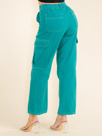 WOMEN'S BUTTON CLOSURE CARGO POCKETS WIDE LEG DENIM PANTS