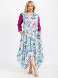 PLUS SIZE 3/4 SLEEVE FRONT POCKETS FLORAL HIGH-LOW MAXI DRESS