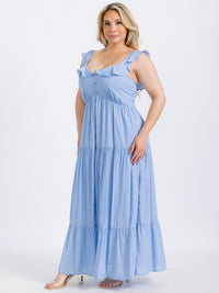 PLUS SIZE SLEEVELESS BUTTONS TIERED RUFFLE MAXI DRESS