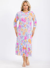 PLUS SIZE 3/4 SLEEVE FRONT POCKETS FLORAL RUFFLE TIERED HEM MAXI DRESS