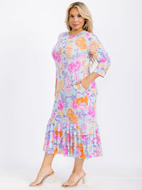 PLUS SIZE 3/4 SLEEVE FRONT POCKETS FLORAL RUFFLE TIERED HEM MAXI DRESS