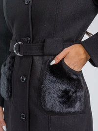 WOMEN'S LONG SLEEVE BUTTON CLOSURE FRONT POCKETS FAUX FUR COAT