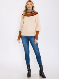 WOMEN'S LONG SLEEVES MOCK NECK PULLOVER COLORBLOCK SWEATER