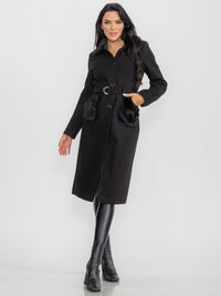 WOMEN'S LONG SLEEVE BUTTON CLOSURE FRONT POCKETS FAUX FUR COAT