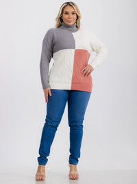 PLUS SIZE LONG SLEEVE TURTLE NECK DETAILED COLORBLOCK PULLOVER SWEATER
