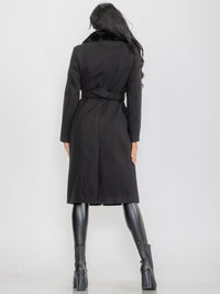 WOMEN'S LONG SLEEVE BUTTON CLOSURE FRONT POCKETS FAUX FUR COAT