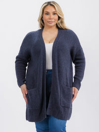 PLUS SIZE LONG SLEEVE OPEN FRONT POCKETS CARDIGAN