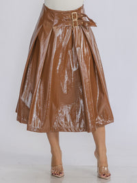 WOMEN'S ZIP UP FRONT BELT DETAILED PU PLEATHER MIDI SKIRT