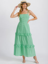 WOMEN'S SLEEVELESS BUTTON DETAILED TIERED RUFFLE OPEN BACK MAXI DRESS