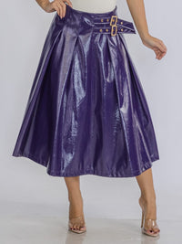 WOMEN'S ZIP UP FRONT BELT DETAILED PU PLEATHER MIDI SKIRT