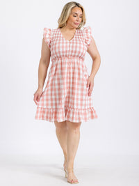 PLUS SIZE RUFFLE SLEEVE V-NECK SMOCK PLAID MINI DRESS