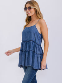 WOMEN'S SLEEVELESS TIERED CHAMBRAY TUNIC TANK TOP