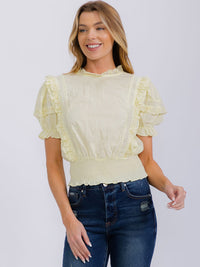WOMEN'S SHORT PUFF SLEEVE RUFFLE SMOCK WAIST TOP