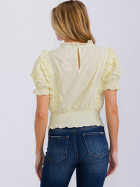 WOMEN'S SHORT PUFF SLEEVE RUFFLE SMOCK WAIST TOP
