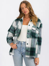 WOMEN'S LONG SLEEVE BUTTON CLOSURE FRONT POCKETS PLAID JACKET