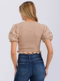 WOMEN'S SHORT PUFF SLEEVE SMOCK CROP TOP