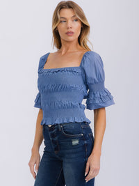 WOMEN'S SHORT RUFFLE SLEEVE SQUARE NECK SMOCK TOP