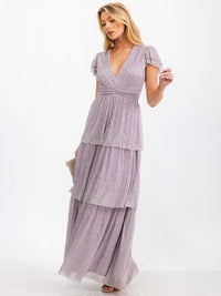 WOMEN'S SHORT SLEEVE V-NECK TIERED OPEN BACK SHIMMER MAXI DRESS