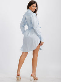 WOMEN'S LONG SLEEVE BUTTON UP FRONT BELT TUNIC MINI DRESS