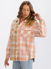WOMEN'S LONG SLEEVE BUTTON UP FRONT POCKETS PLAID OVERSIZE SHIRT
