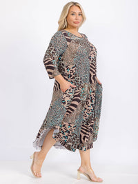 PLUS SIZE 3/4 SLEEVE FRONT POCKETS ANIMAL PRINT RUFFLE BOTTOM HEM MAXI DRESS