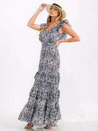 WOMEN'S RUFFLE SLEEVE V-NECK TIERED ANIMAL PRINT MAXI DRESS