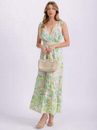 WOMEN'S SLEEVELESS V-NECK OPEN BACK MULTI PRINT MAXI DRESS