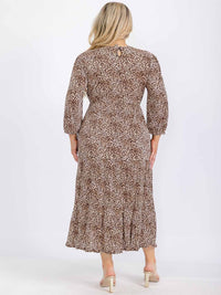 PLUS SIZE LONG SLEEVE FRONT POCKETS ELASTIC WAIST ANIMAL PRINT MAXI DRESS