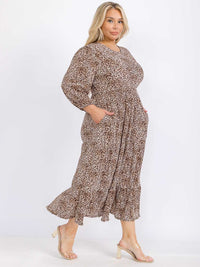 PLUS SIZE LONG SLEEVE FRONT POCKETS ELASTIC WAIST ANIMAL PRINT MAXI DRESS