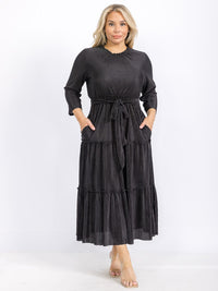 PLUS SIZE LONG SLEEVE FRONT POCKETS SELF TIE ELASTIC WAIST MAXI DRESS