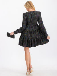WOMEN'S LONG SLEEVE V-NECK TIERED MULTI POLKA DOTS PRINT TUNIC MINI DRESS