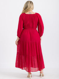 PLUS SIZE LONG SLEEVE ELASTIC WAIST TIERED MAXI DRESS