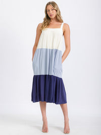 WOMEN'S SLEEVELESS FRONT POCKETS COLORBLOCK MIDI DRESS