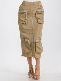 WOMEN'S ELASTIC WAIST ZIP UP FRONT CARGO POCKETS MIDI SKIRT