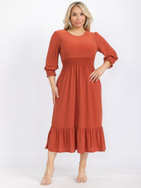 PLUS SIZE 3/4 SLEEVE SMOCK WAIST FRONT POCKETS RUFFLE BOTTOM HEM MAXI DRESS