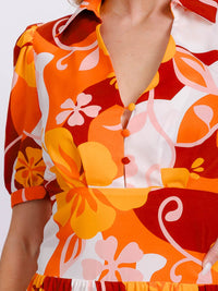WOMEN'S SHORT SLEEVE BUTTON UP SMOCK WAIST MULTI PRINT MAXI DRESS