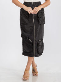 WOMEN'S ELASTIC WAIST ZIP UP FRONT CARGO POCKETS MIDI SKIRT