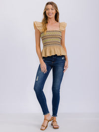WOMEN'S SLEEVELESS SQUARE NECK SMOCK PEPLUM TANK TOP