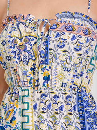 WOMEN'S SLEEVELESS V-NECK ELASTIC WAIST TIERED OPEN BACK MULTI PRINT MAXI DRESS
