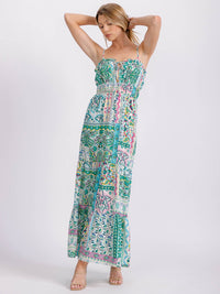 WOMEN'S SLEEVELESS V-NECK ELASTIC WAIST TIERED OPEN BACK MULTI PRINT MAXI DRESS