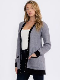 WOMEN'S LONG SLEEVE OPEN FRONT POCKETS COLORBLOCK TRIM DETAILED CARDIGAN