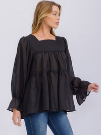 WOMEN'S LONG SLEEVE SQUARE NECK TIERED TUNIC BLOUSE