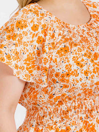 PLUS SIZE SHORT SLEEVE SMOCK WAIST FLORAL MINI DRESS