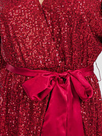 WOMEN'S SHORT SLEEVE SURPLICE SELF TIE SEQUINS MAXI DRESS