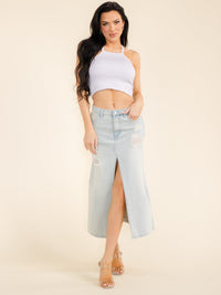 WOMEN'S BUTTON CLOSURE POCKETS FRONT SLIT DISTRESS DENIM MAXI SKIRT